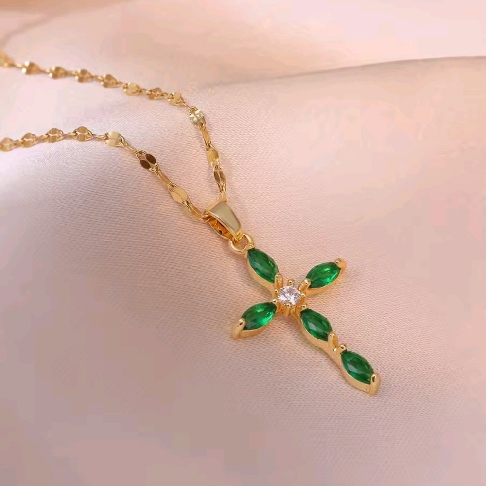 Gold Emerald Green Crystal Cross Necklace Stainless Steel Dainty Easter Jewelry
